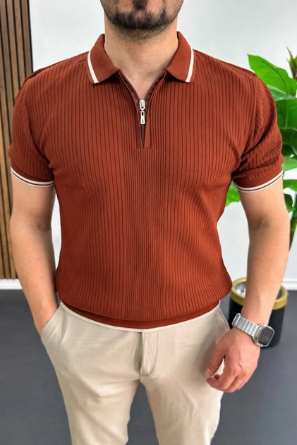 Men's Polo Neck Striped T-Shirt Tile Edw472