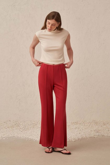 Bordo-Ütü İzi Detaylı Geniş Paça Pantolon