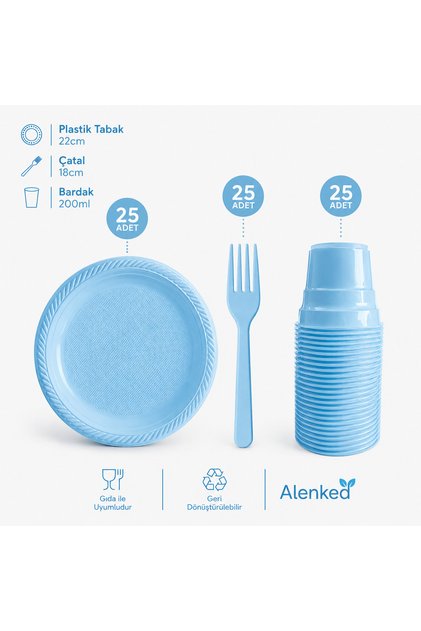Mavi 3’lü Plastik Tabak Bardak Çatal Seti 25 Kişilik