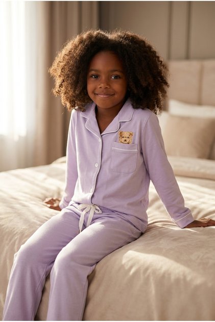 Teddy Kutulu Kız Çocuk Pijama Takımı Lila
