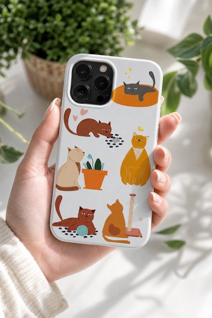 iPhone 15 Pro Max Compatible Launch Silicone Multi-Cat Pattern Shock-Absorbing Case White