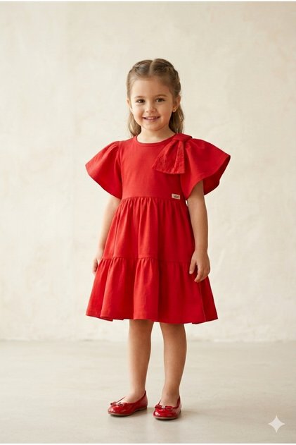 Girl's Bow Detailed Flounce Festive Red Dress