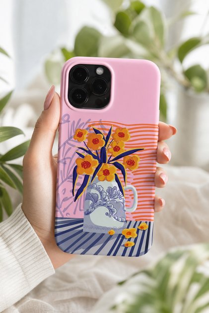 iPhone 15 Pro Max Compatible Launch Silicone Vase Patterned Shock-Absorbing Case Pink