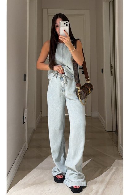 Eisblaues Tencel-Denim-Weste-Hosen-Set mit Reißverschluss hinten - 4173