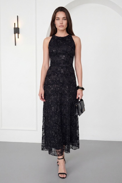 Women's Black Halter Neck Floral Patterned Midi Event Dress