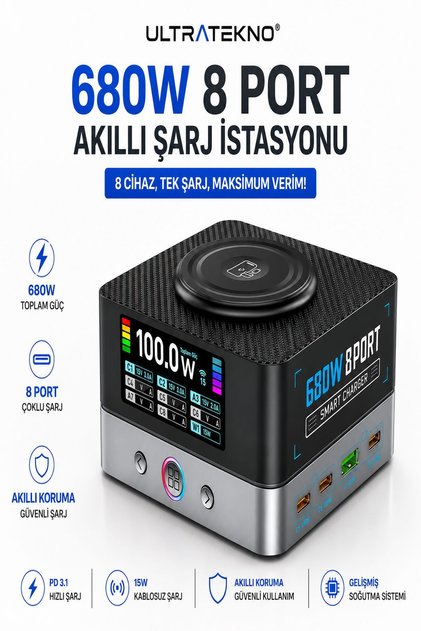 680W GaN Masaüstü Çoklu Şarj İstasyonu PD 3.1 USB-C Laptop Macbook Telefon Tablet Akıllı Saat Şarj Cihazı