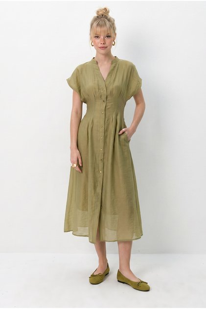 Women's Oil Green V-Neck Back Elastic Pocket Detailed Lined Midi Dress 5208 60286307