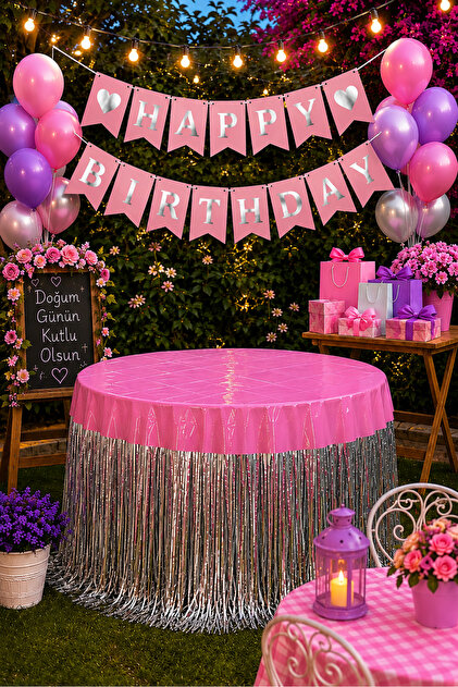 Pink Silver Garden Birthday Decoration Set with 20 Balloons, Happy Birthday Banner, Table Skirt, Party Set