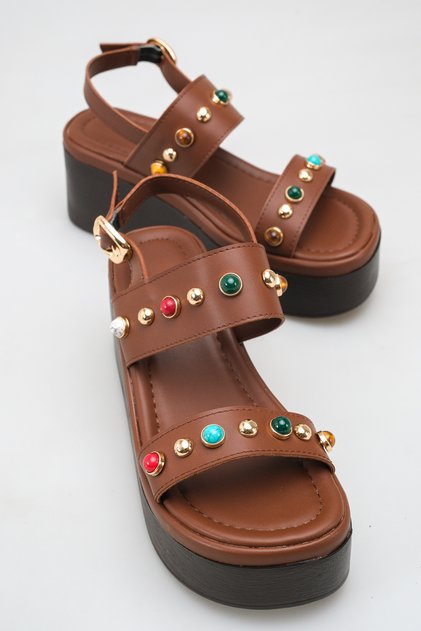 Calivella Brown Beaded Women's Colorful Bead Detailed Daily Double Strap Ankle Strap Wedge Heeled Sandals