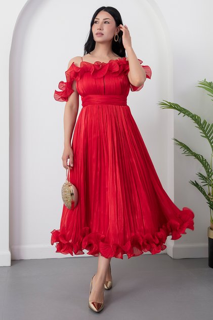 Heart Neck Bust and Hem Ruffled Evening Dress BAL139