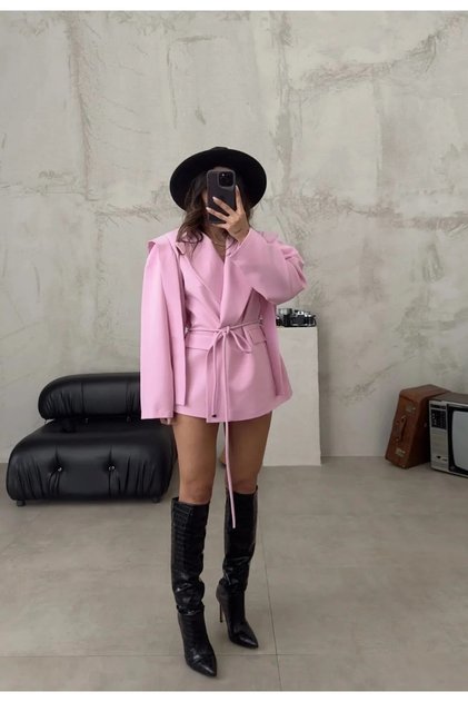 Jachetă blazer oversize roz cu șireturi