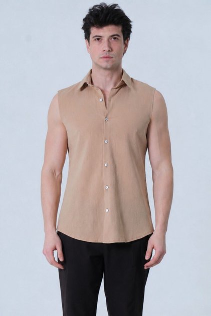 100% Cotton Sleeveless Beige Men's Shirt Summer Modern Cut Smart Casual