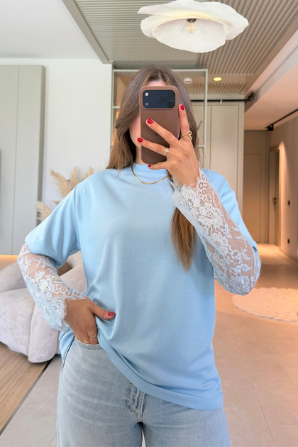 Oversized Stylish Blue Modal T-Shirt with Lace Detail