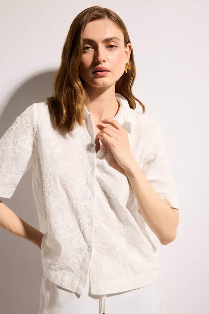 Regular Fit Brode Short Sleeve White Shirt H3354Ax26Sm