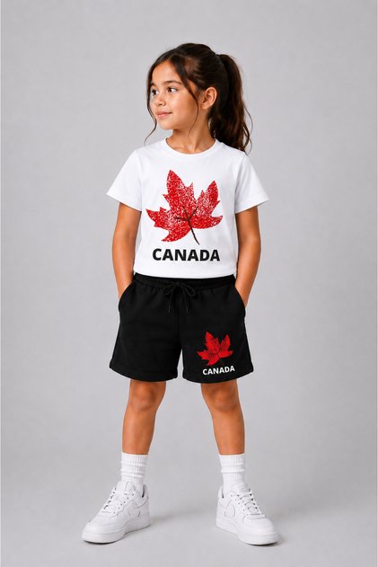 Girls' T-Shirt and Shorts Set 100% Cotton Summer Comfortable Fit Canada Printed Sports Casual Set (Shorts and T-Shirt Set)