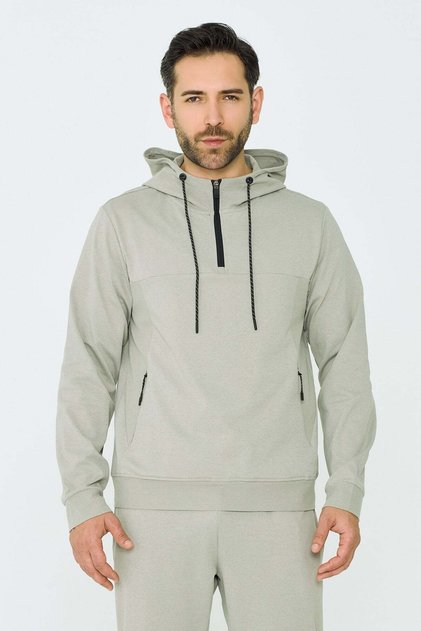 Light Green Hooded Men's Sweatshirt with Half Zipper and Side Pockets