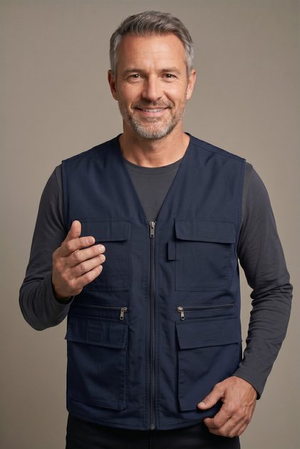 Men's Dad V-Neck Navy Blue Multi-Pocket Zippered Hunting Vest