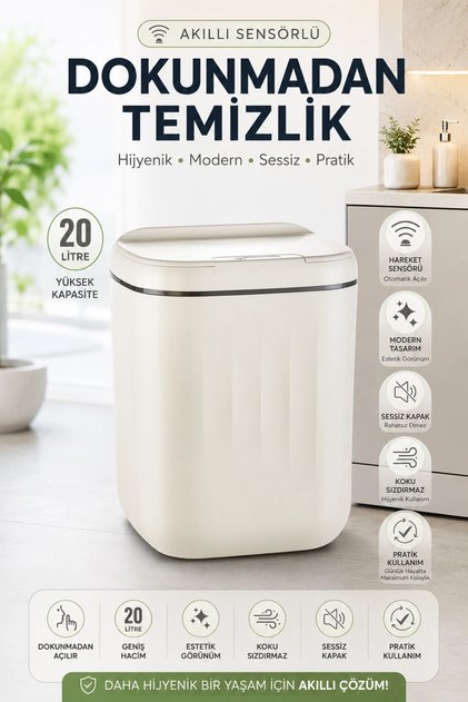Akıllı Sensörlü 20 Litre Çöp Kovası Sessiz Kapaklı Modern Hijyenik Ev Tipi Çöp Kutusu