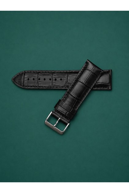 Premium Crocodile Patterned Genuine Leather Watch Band 24mm Case Entry 22mm Buckle Compatible Half Curved Black Strap