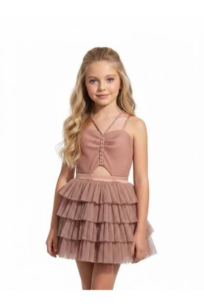 Girl's Glittery Short Layered Design Evening Dress with Window Detail on the Front