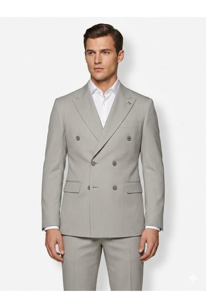 Men's Stone Color Double-Breasted Suit - Slim Fit Striped Textured Six-Button Pocket Suit