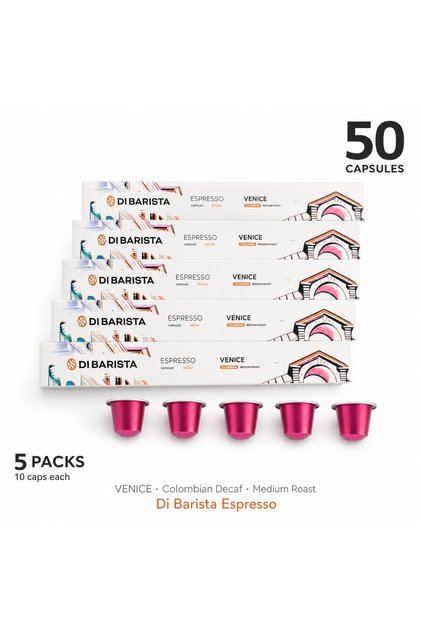 Venice Decaf Espresso Capsules - Set of 5 Sleeves | Colombian Arabica Decaffeinated | Mountain Water Process | Nespresso Compatible