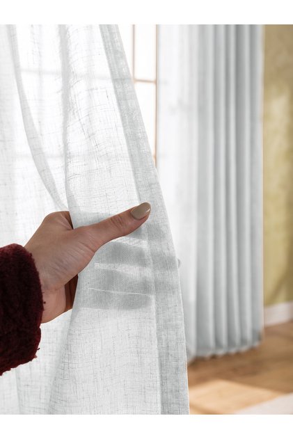 Off-White Color Linen Effect Tulle Curtain | 1 to 3 Dense Pleats | Ready for Planting | No Ironing Required