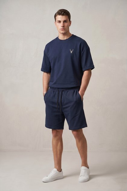 Men's Navy Blue Oversize T-Shirt and Shorts Two-Piece Set