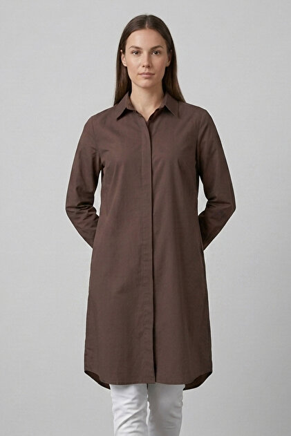 Graz Comfortable Fit Hidden Button Long Sleeve Terikoton Long Women's Shirt & Hijab Shirt - Brown