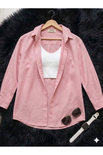 Women's Oversize Cut Woven Linen Long Sleeve Dusty Pink Shirt 100% Cotton