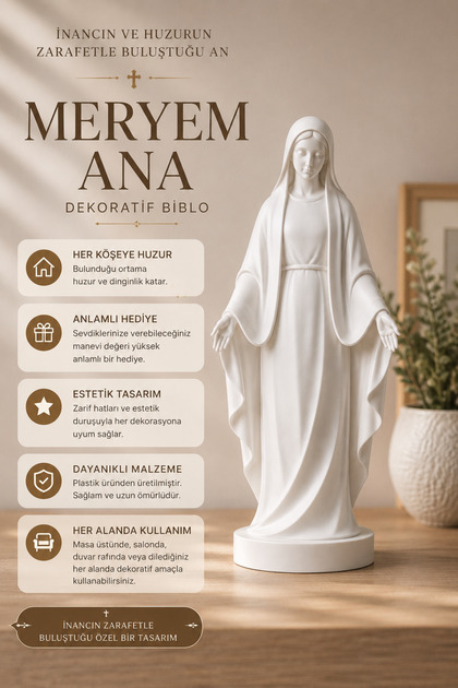 Meryem Ana Dekoratif Biblo - İnanç ve Huzurun Simgesi, Manevi Dekor - Tasarım Obje, Virgin Marry Figür 18CM