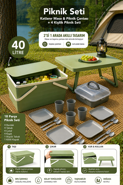 Meleni Home 3'lü Piknik Seti - 40Lt Taşıma Sepeti Katlanabilir