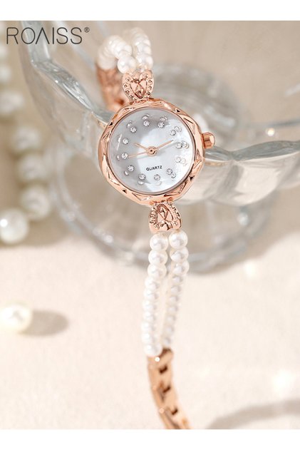 Women's Quartz Watch with Pearl Strap Round Dial Rhinestone Decoration Waterproof Bracelet Analog Wristwatch Gift for Women