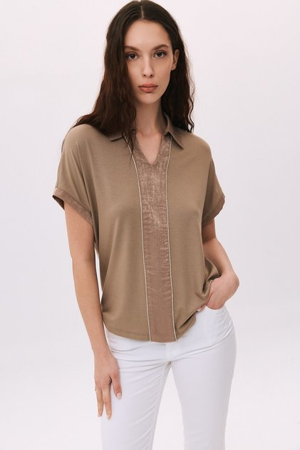 Polo Collar Shiny Kupra Garnished Stripe Stone Detailed T-Shirt