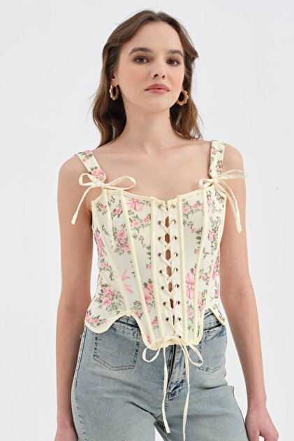 Women's Floral Printed Fabric Front Lace Detailed Design Blouse Corset