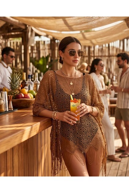 Pareo de plajă cu franjuri și dantelă ajurată - Rochie mini de plajă