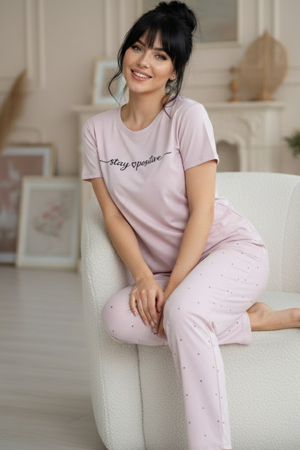 Lilac Patterned Cotton Crew Neck Knitted Pajama Set