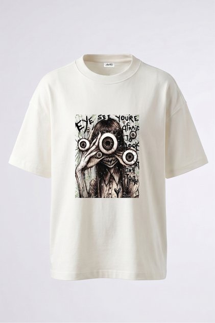 Goz Canavari Design Back Printed Cotton White Oversize T-Shirt