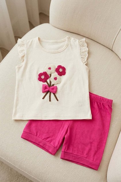 Baby girl floral embroidered brocade 2-piece summer outfit with shorts - top and bottom set for 3-6-9-12 months