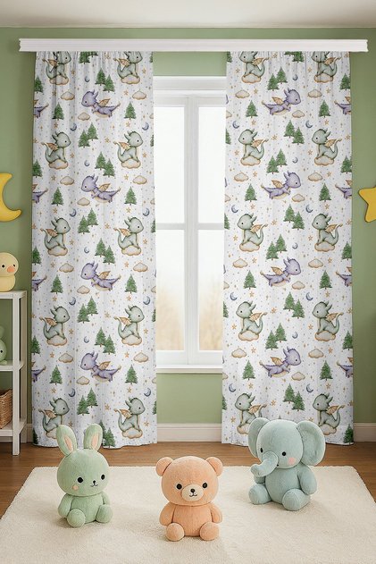 Little Dragons Patterned Children's Baby Room Background Curtain (Single Wing Pricing)