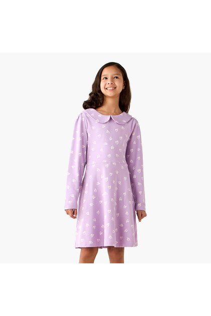 Peter Pan Collar Long Sleeves A-Line Dress with Heart Print