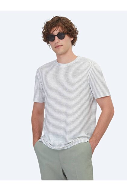 Gray Striped 100% Linen T-Shirt