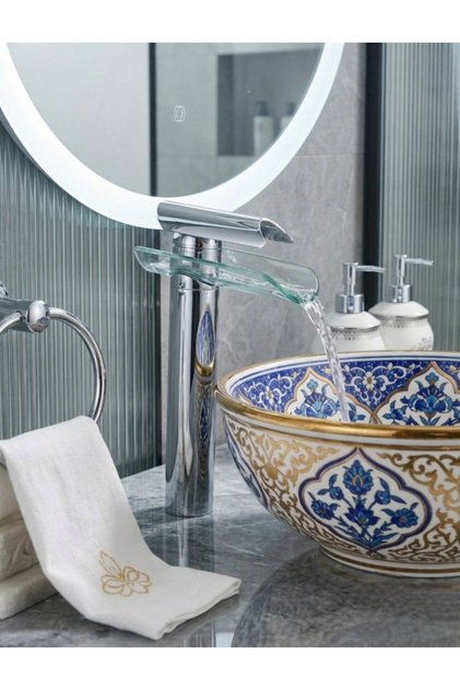 Cam Şelale Krom Çanak Lavabo Bataryası