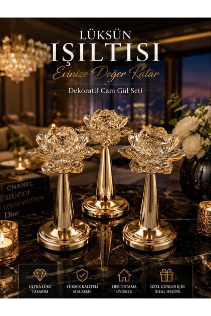 3’lü Kristal Gül Mumluk Seti Gold – Lüks Dekoratif Şamdan, Cam Lotus Çiçek Mumluk, Salon Konsol TV Ünitesi Ev Dekorasyonu