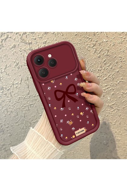 Tecno Spark 40 Uyumlu Çiçekli Fiyonk Desenli Bordo Telefon Kılıfı