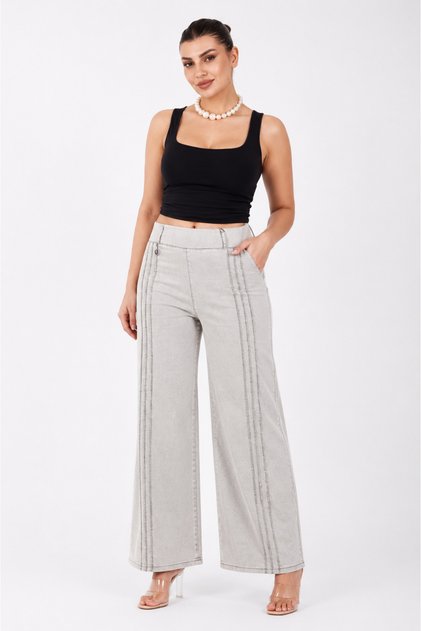 Plus Size Akar Fabric High Waist Stoned Wide Leg Women's Trousers