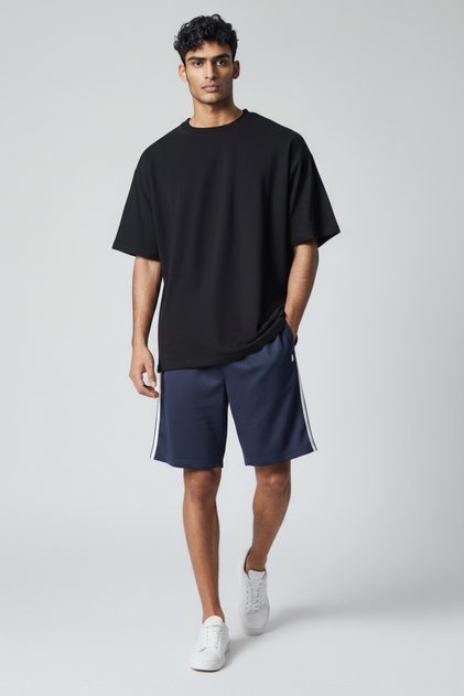 Pantaloni scurți din bumbac pentru bărbați, cu buzunare si talie elastică, Regular Fit, bleumarin, cu doua dungi albe