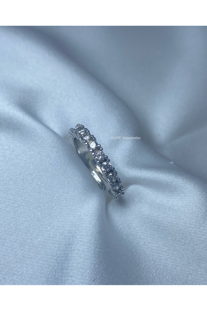 Silver Color Row Zircon Stone Adjustable Steel Ring - Silver Half Eternity Adjustable Ring