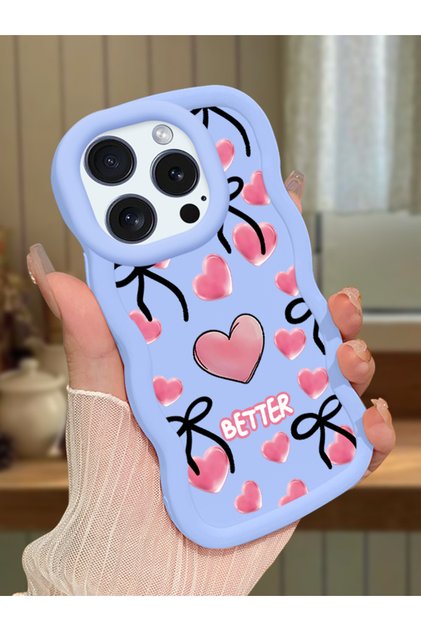 iPhone 15 Pro Max Compatible Case with Camera Protector Blue Silicone Couple Phone Case Heart Pattern