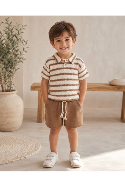 Boy's Striped Polo Collar Knitwear Shorts Set Brown Ecru